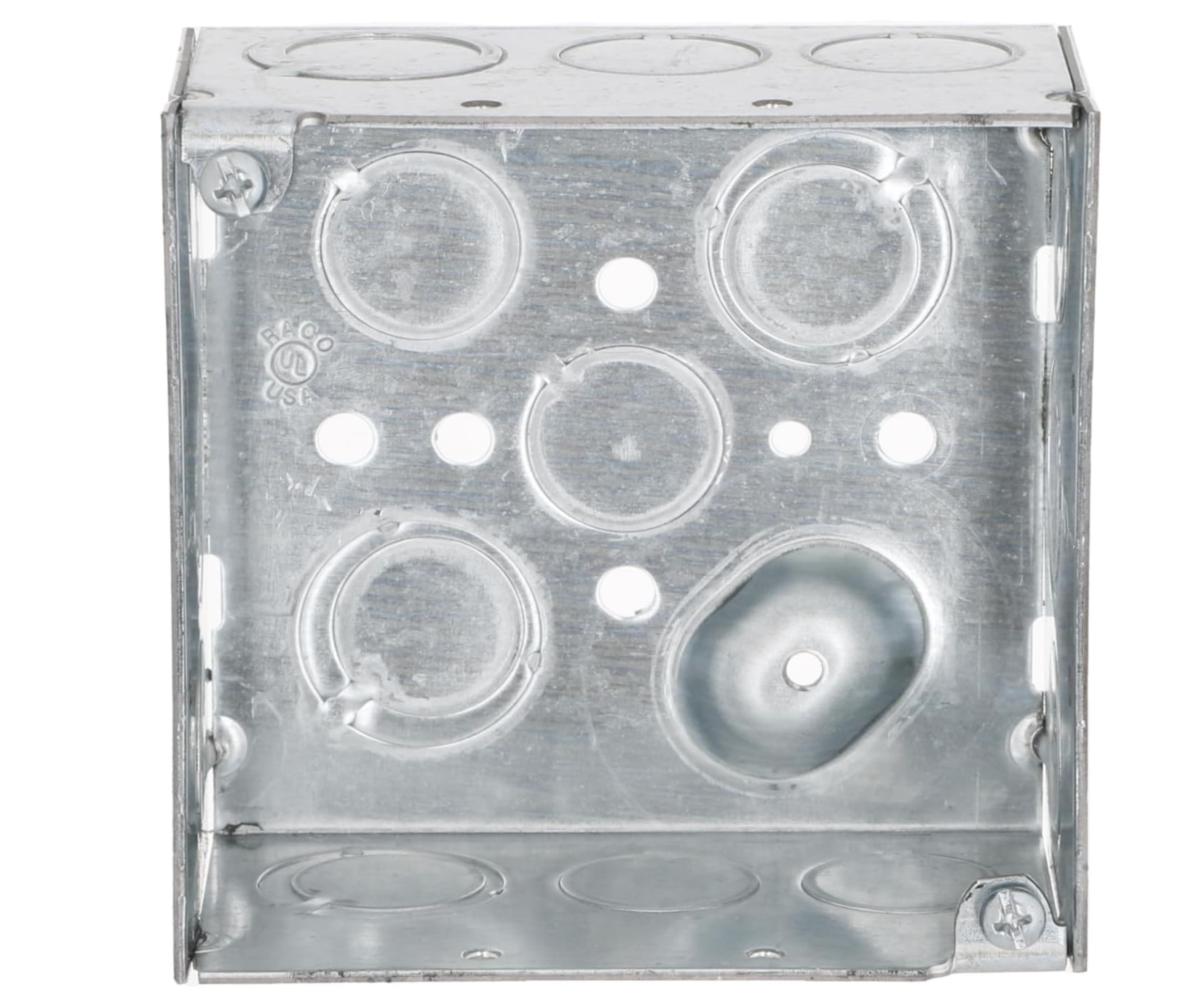 4" Square Box Welded w/ 1/2" & 3/4" KOs, 2-1/8" Depth, w/ Ground Screw