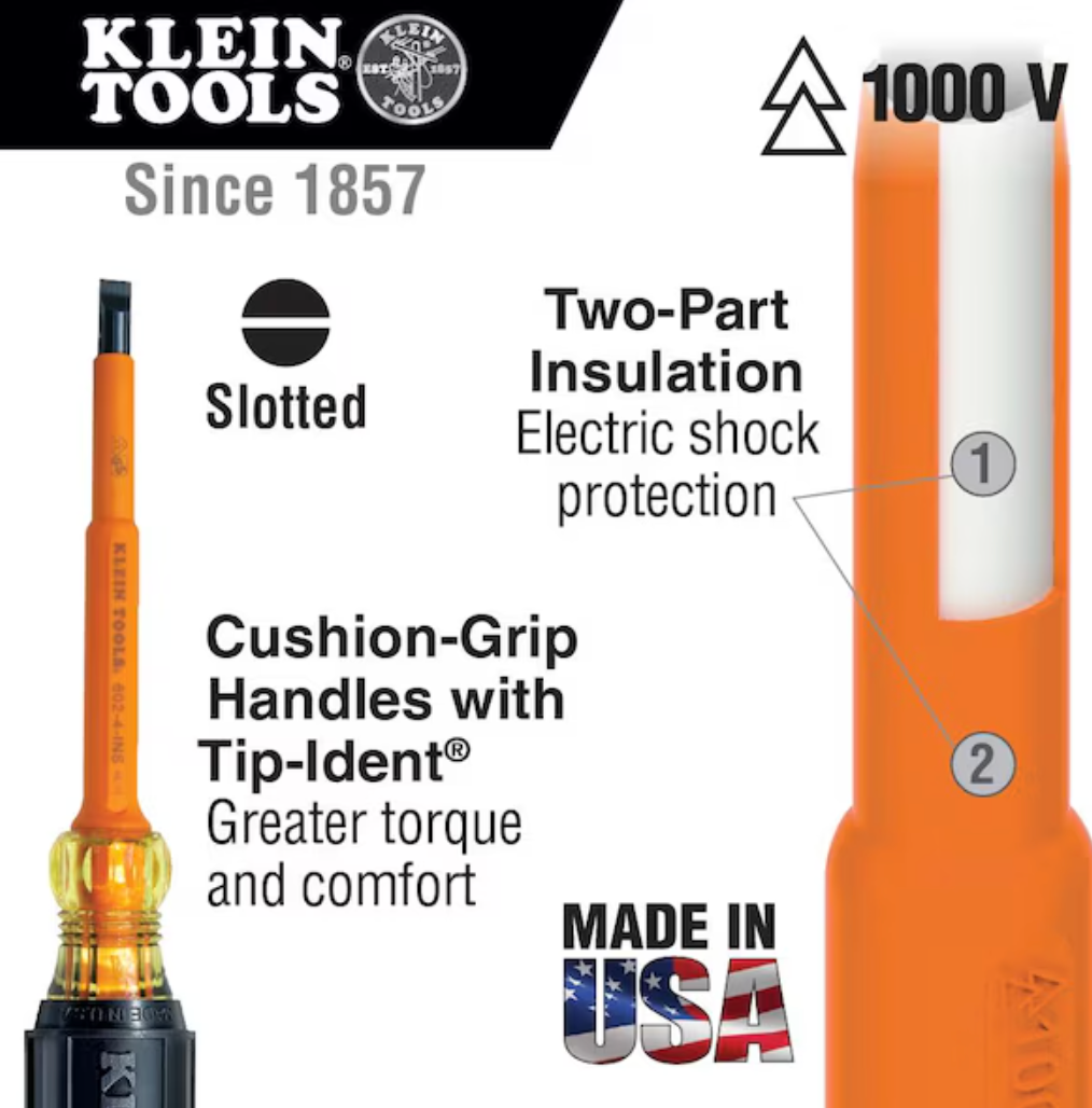 Insulated Screwdriver, 3/16-Inch Cabinet, 7-Inch..