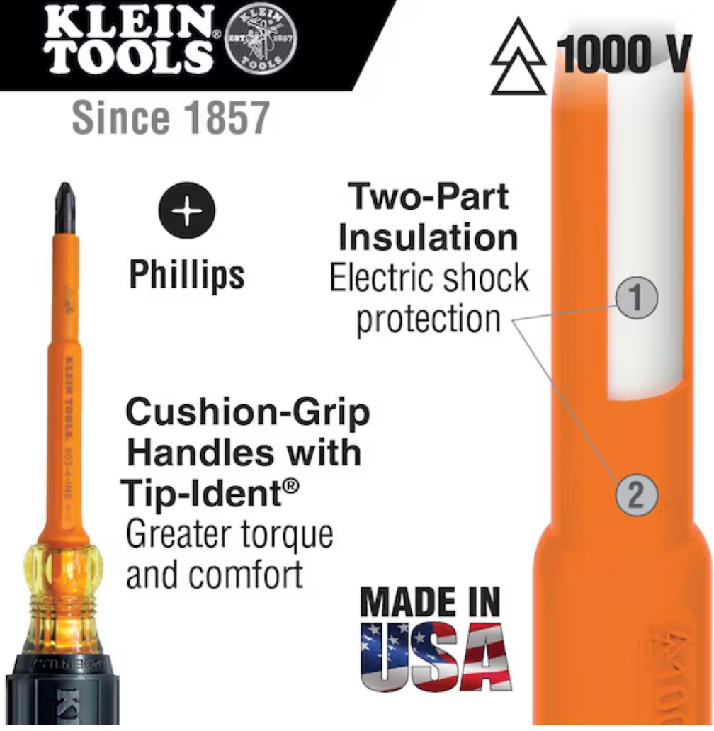 Insulated Screwdriver, #2 Phillips, 7-Inch Round Shank