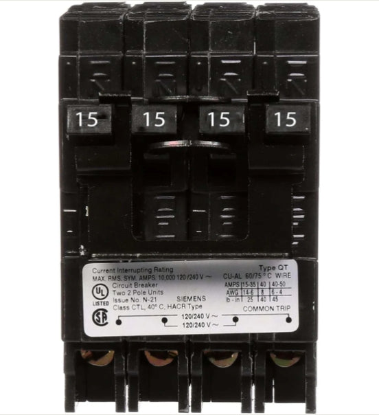 Siemens 2P-15A 15A Quadplex Circuit Breaker-Q21515CT